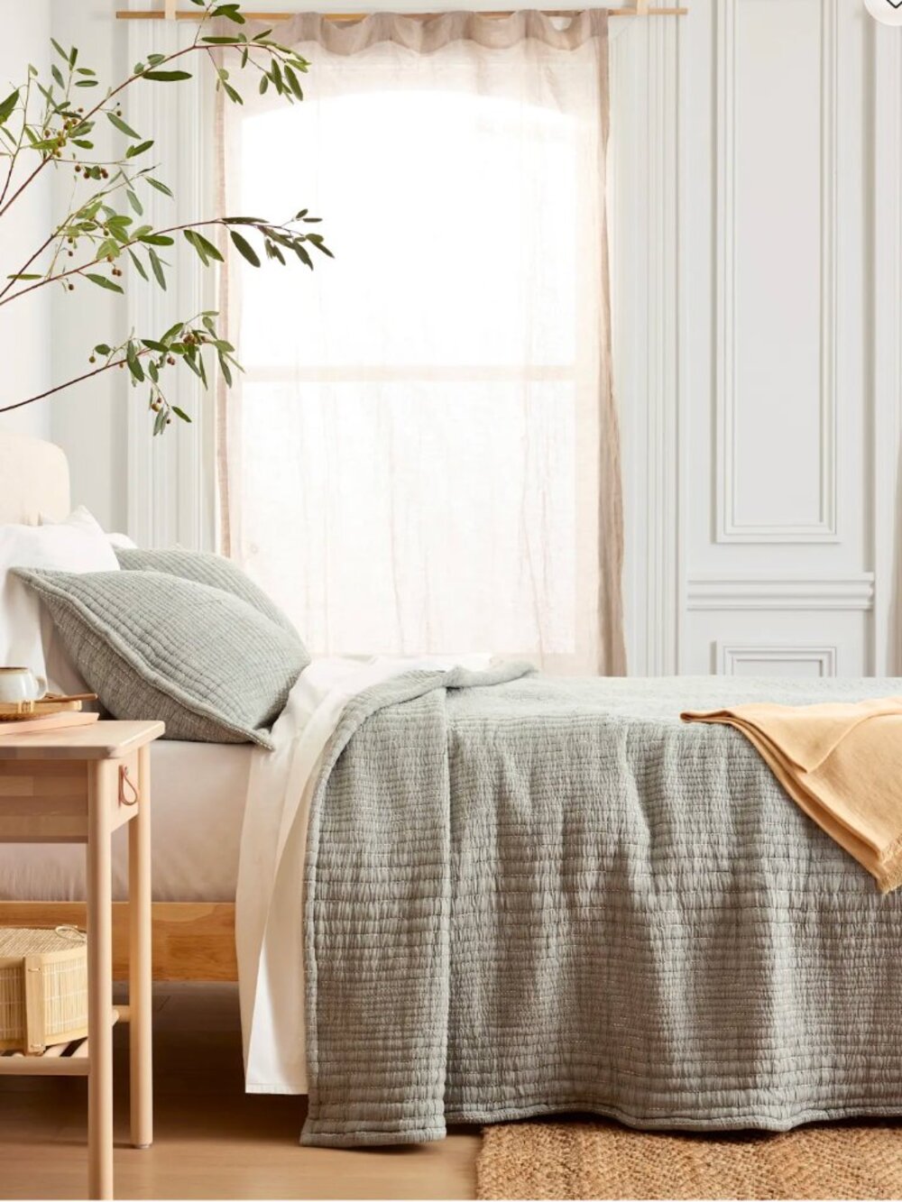 Quince Organic Cotton Channel Stitch Coverlet Set, King/Cal King, Sage/Green - Picture 4 of 13